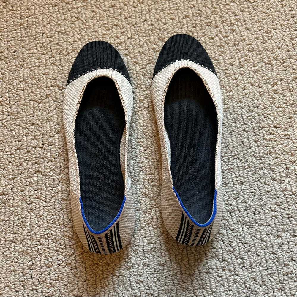 Rothy's Black and Cream Knit Ballet Flats with Blue Trim - Picture 2 of 4